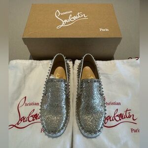 WB Christian Louboutin Pik Boat Studded slip-on sneaker in gold platine glitter